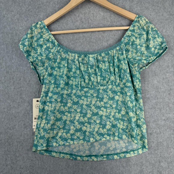 No Boundaries Top Womens M Teal Floral Sheer Crop Y2K Milkmaid Cottagecore Fairy - Picture 2 of 10